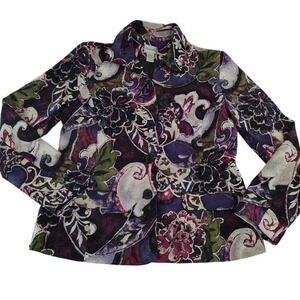 Chico's Embellished Purple Black Floral Cotton Blazer Jacket Plus Size 1‎